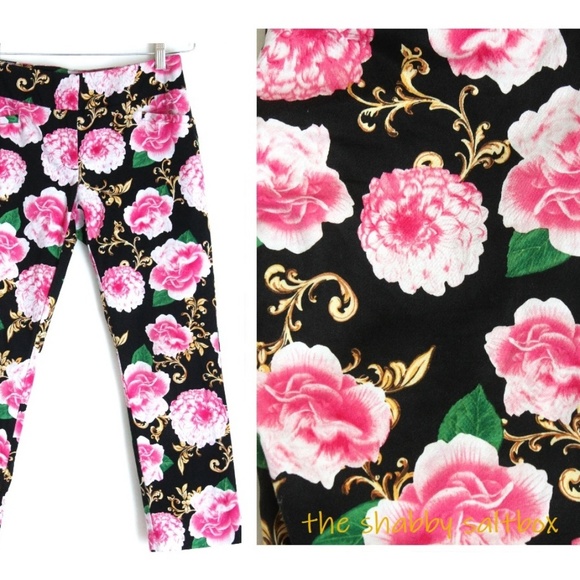 Capri's NY & Co Stretch Girlcore Pink Black Cabbage Floral Roses Career Casual - Picture 9 of 9